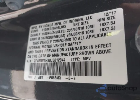 2018 Honda Cr-V Ex-L/Ex-L Navi from USA, damaged, VIN 7FARW2H88JE012044